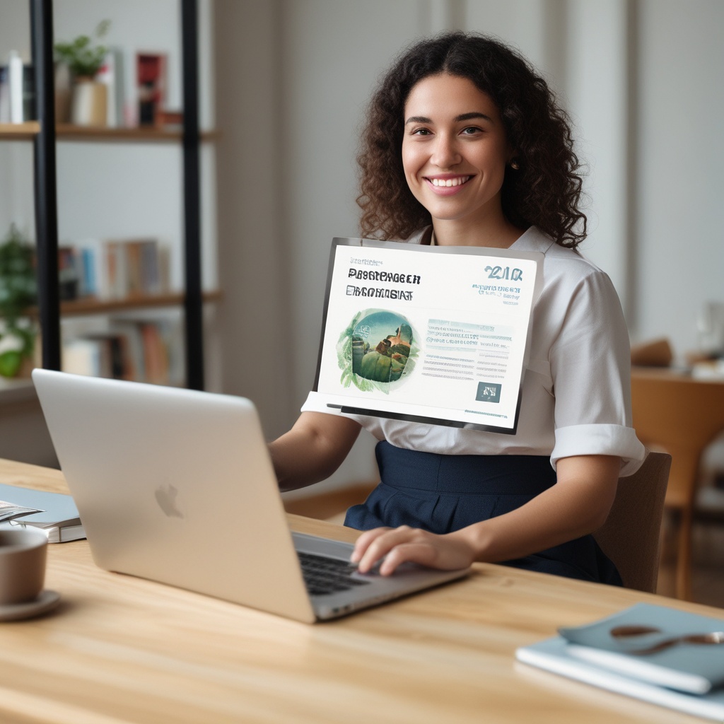 Woman holding laptop with partnership display